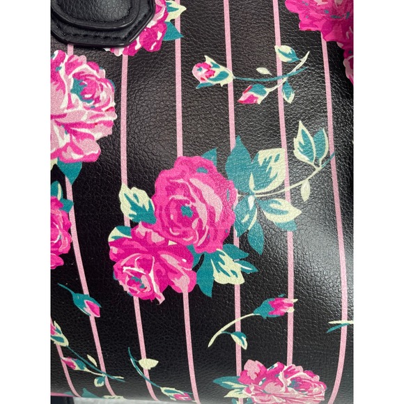 Betsey Johnson Satchel Bag Pink Black Floral Print Top Handle Crossbody Charm - Picture 2 of 12